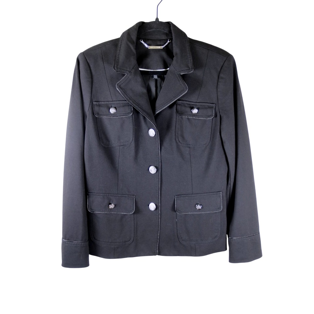 White House Black Market Military Utility Jacket Black Silver Crest Button Sz 10
